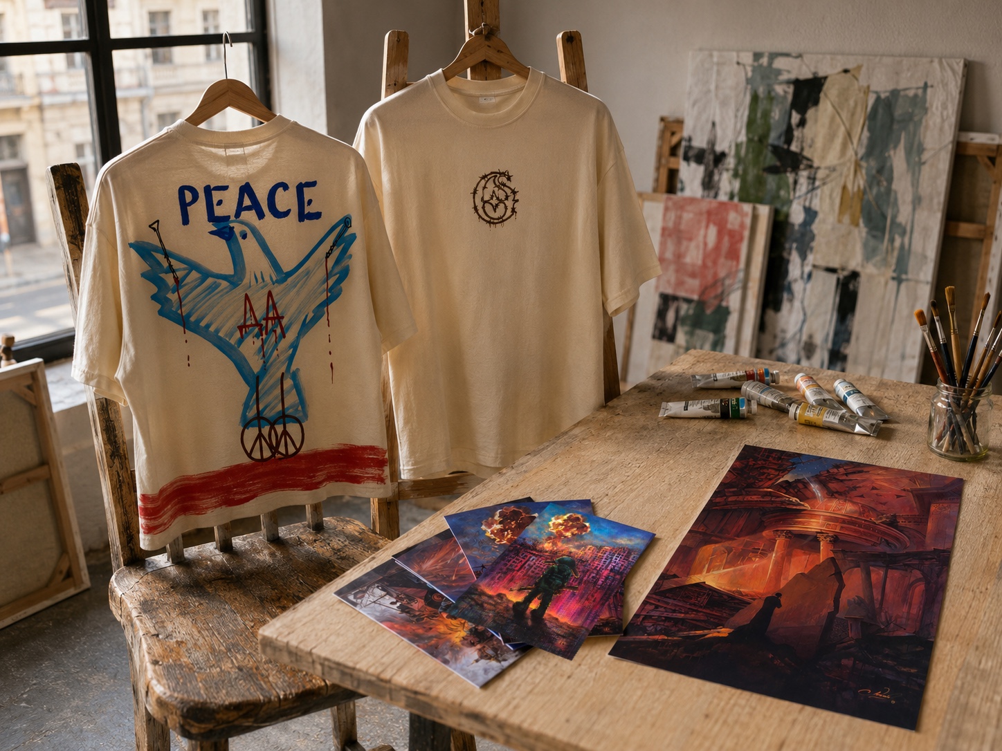 Футболки PEACE / ДА в мастерской художника — арт-объекты и коллекционные открытки