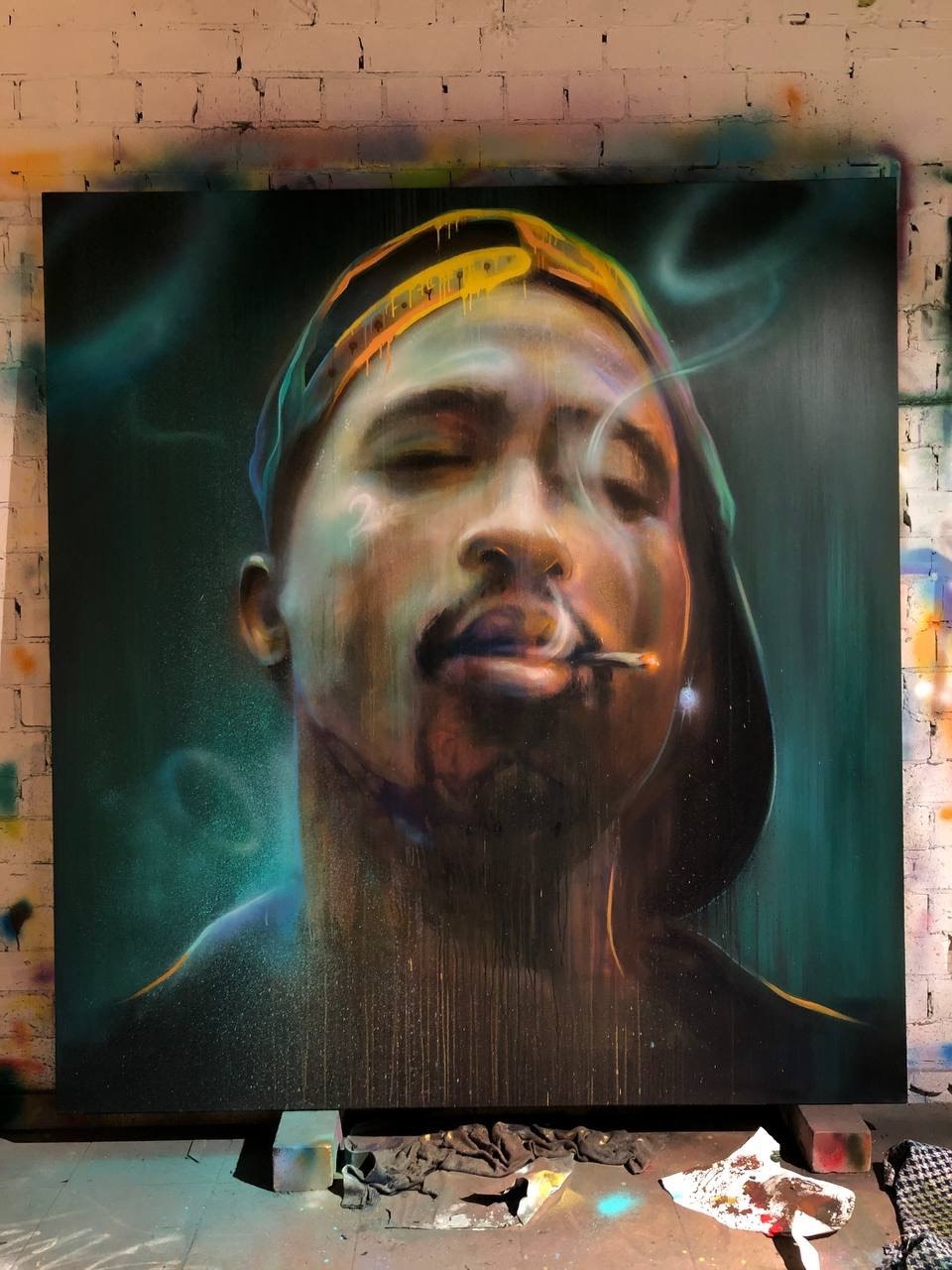 Smoke, eyes closed, 2023, Spray and oil on canvas, Evgeniy Lapchenko