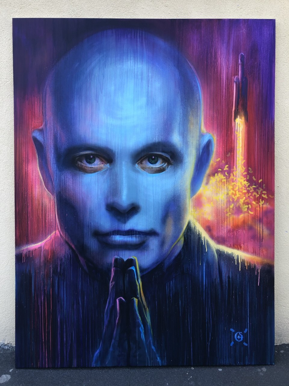 Blue monk, with rocket, 2024, Spray and oil on canvas, Evgeniy Lapchenko