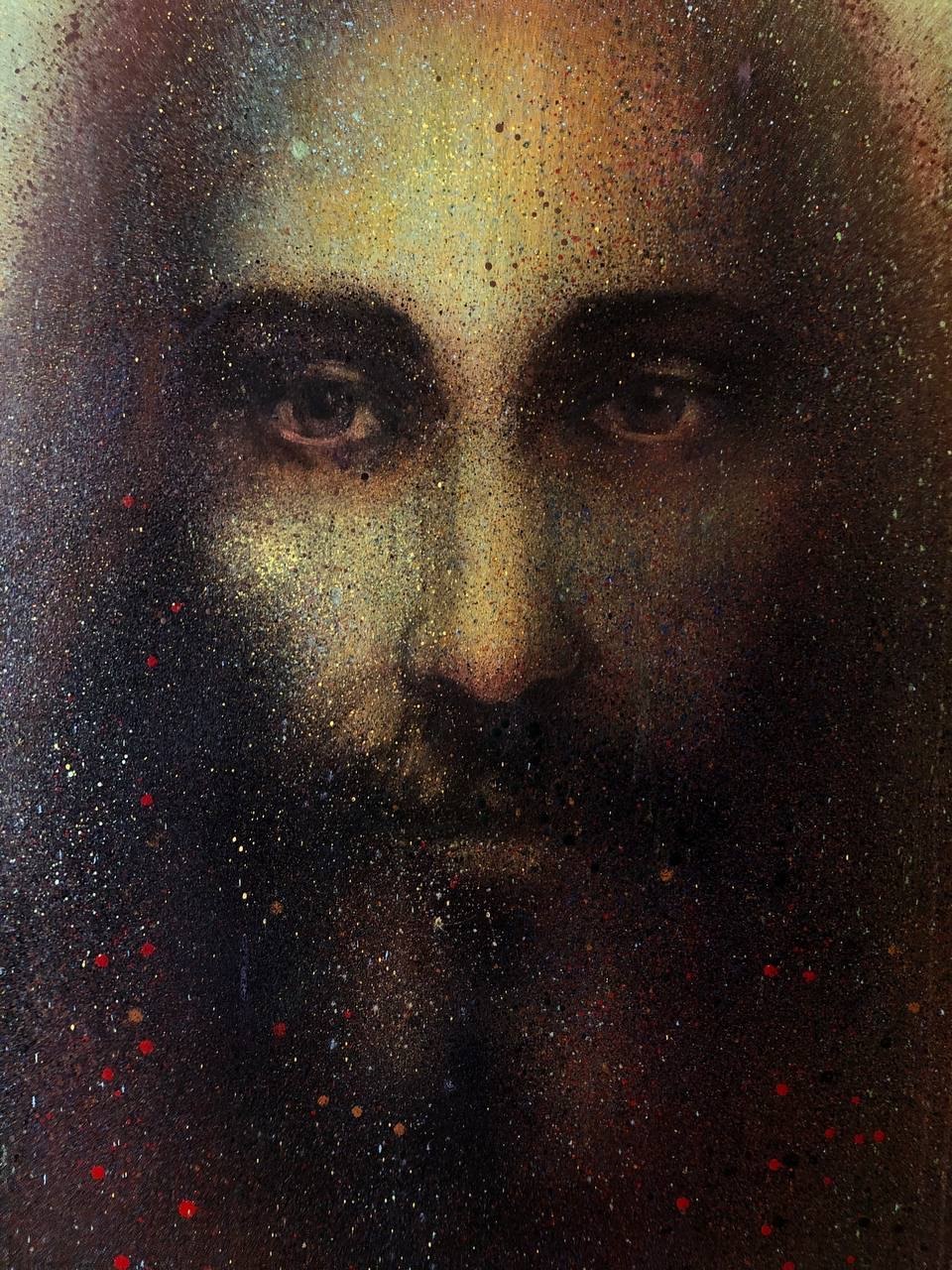 Face, in dust and gold, 2024, Spray and oil on canvas, Evgeniy Lapchenko
