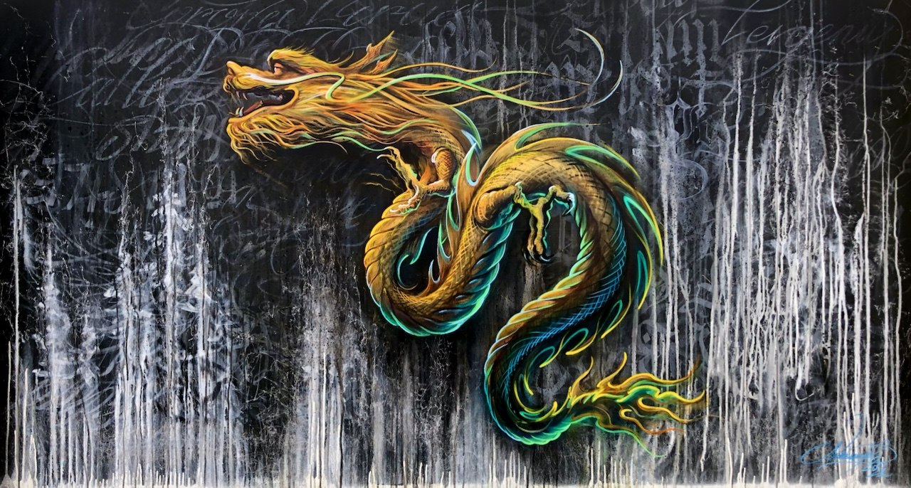 Dragon, with calligraphy, 2023, Mixed media on canvas, Evgeniy Lapchenko