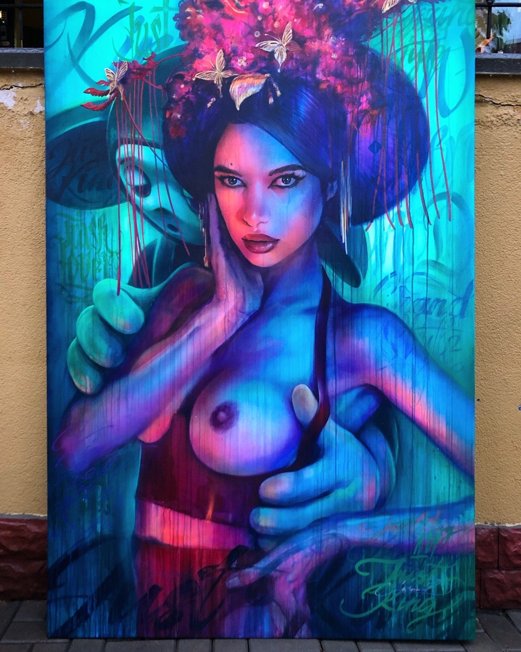 Geisha, in cyan, 2023, Spray and oil on canvas, Evgeniy Lapchenko