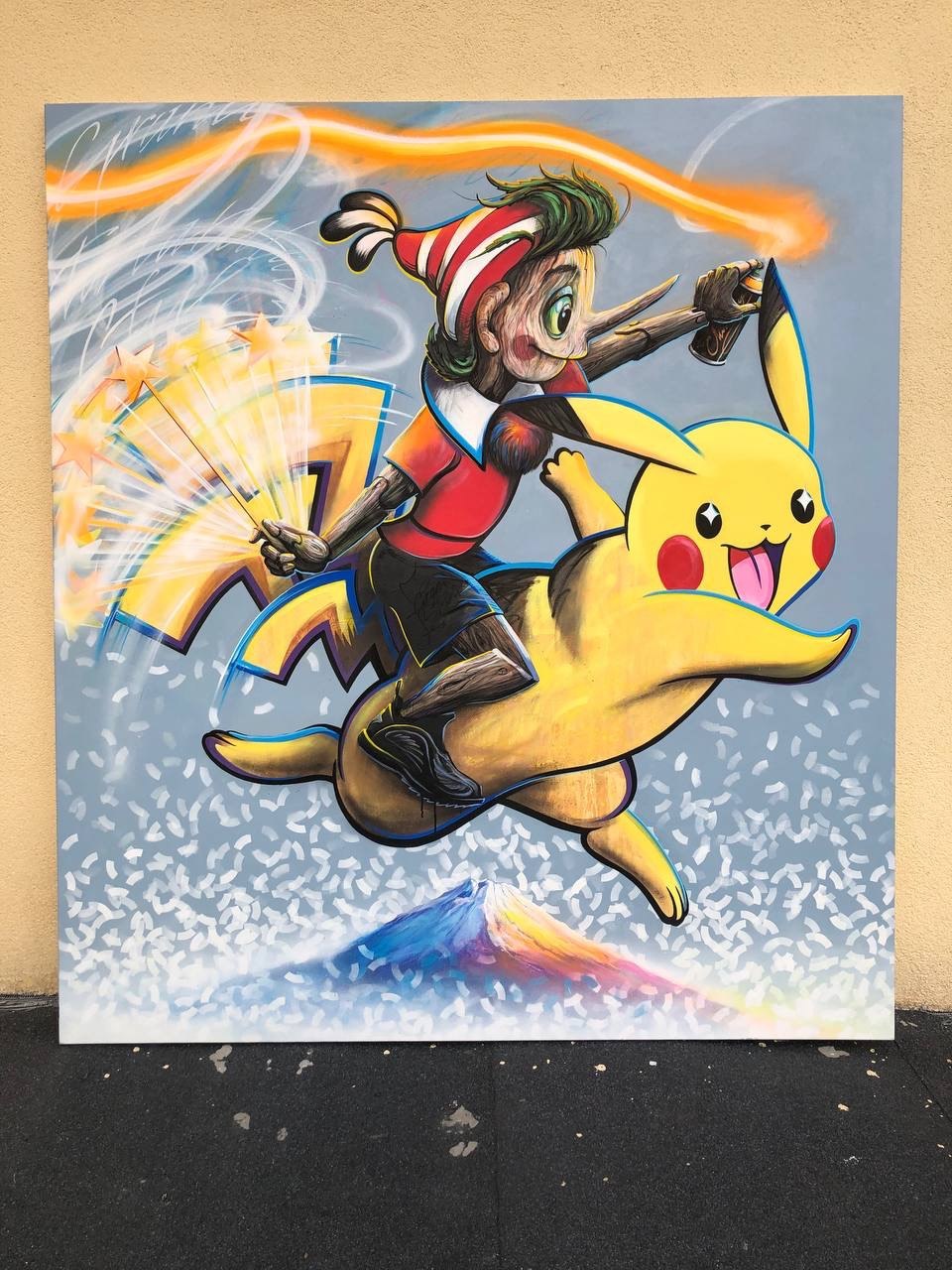 Pinocchio rides Pikachu, 2024, Oil on canvas, Evgeniy Lapchenko