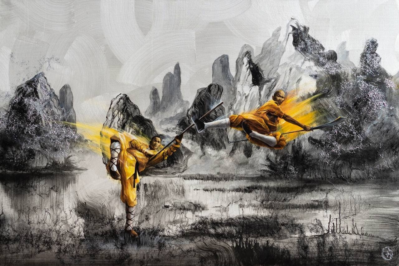 Shaolin, two strikes, 2024, Mixed media on canvas, Evgeniy Lapchenko